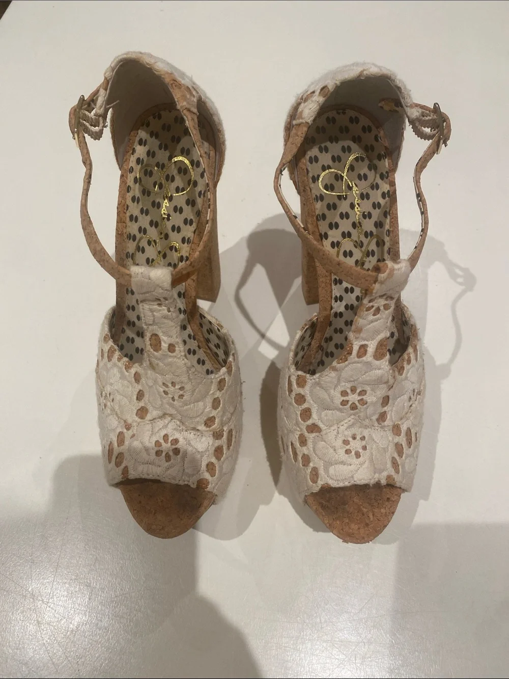 Jessica Simpson White Lace Platform Sandals with Tan Cork Heel